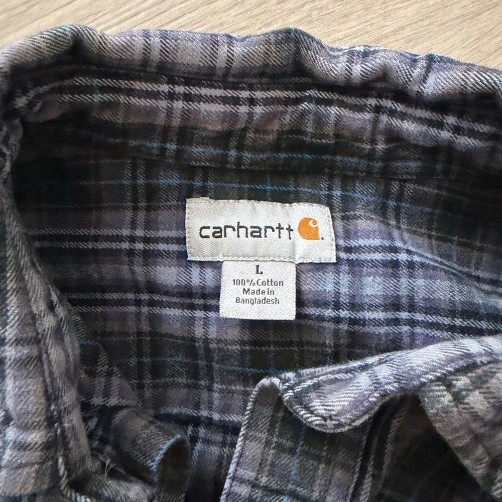 Carhartt Plaid Flannel Button Down Shirt Green Gray 100% Cotton Mens L - Picture 2 of 3